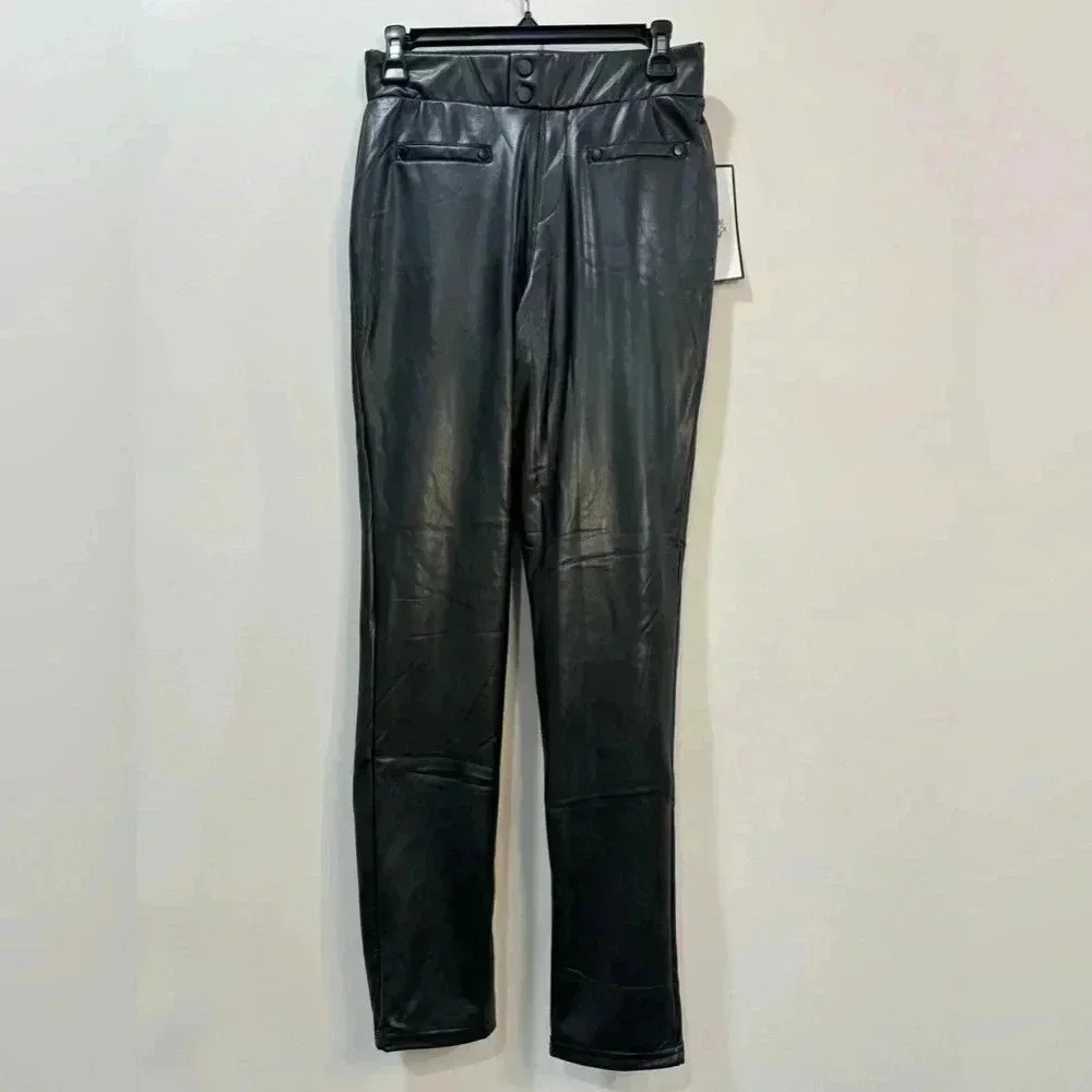 Mia Rose Black Leatherette Leggings Skinny Pull On Size M NWT